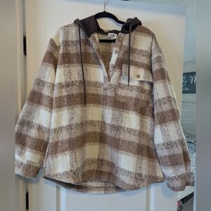 NWT BiBi Brown and Cream Brushed Plaid Pullover Hoodie